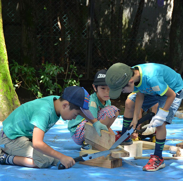 ノコギリで木を切る子供たち